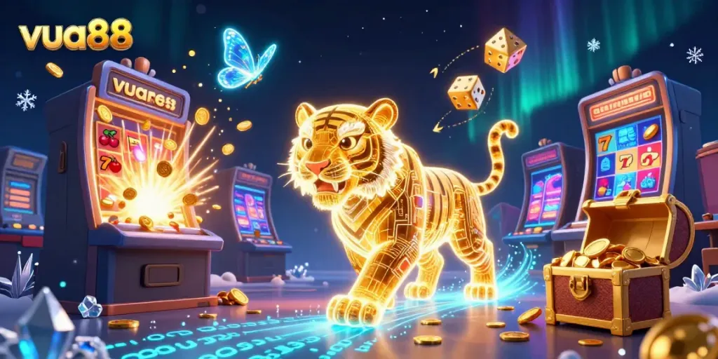 Engage with the vibrant world of vua88, featuring a neon tiger and casino elements in a dynamic 3D visual.