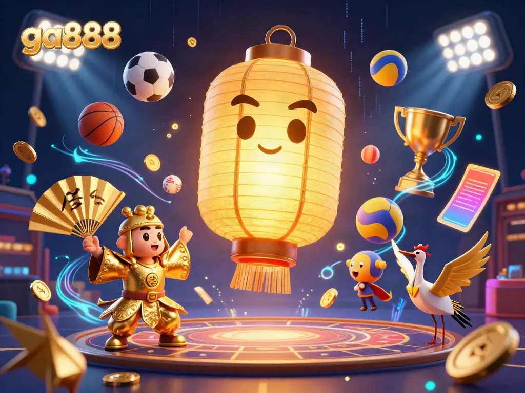 Engage with dynamic betting action at GA888 featuring sports balls, a giant golden lantern spirit, and exciting casino elements.
