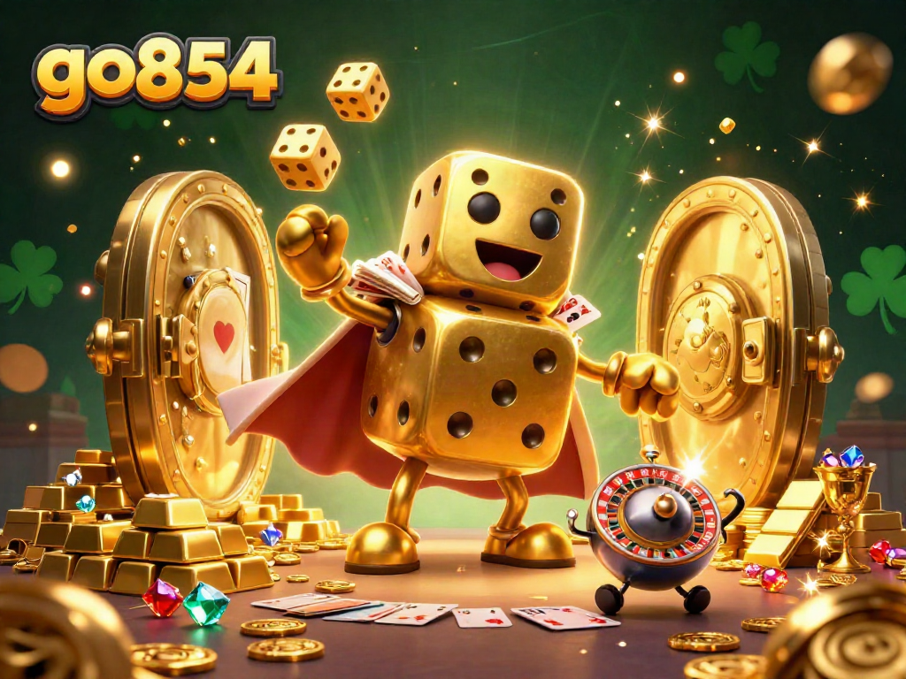 Experience thrilling gameplay with go854's vibrant casino scene featuring golden dice golem and poker elements.