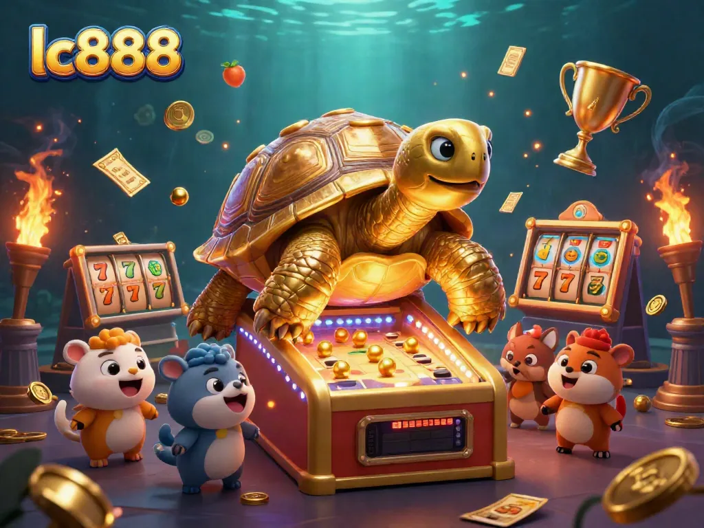Play exciting slots with lc888 at the vibrant casino illustrated with a unique golden tortoise.