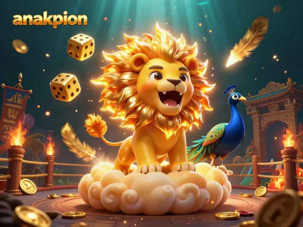 Engage with the vibrant scene at anakpion featuring a triumphant lion, golden dice, and gambling elements.