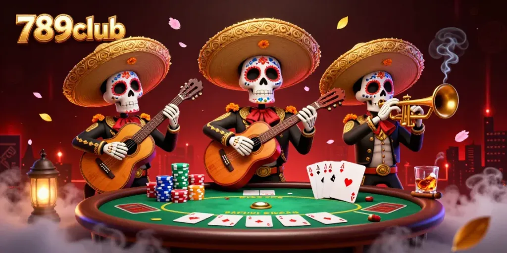 Engage with thrilling poker action at 789club with mariachi characters and vibrant casino elements.