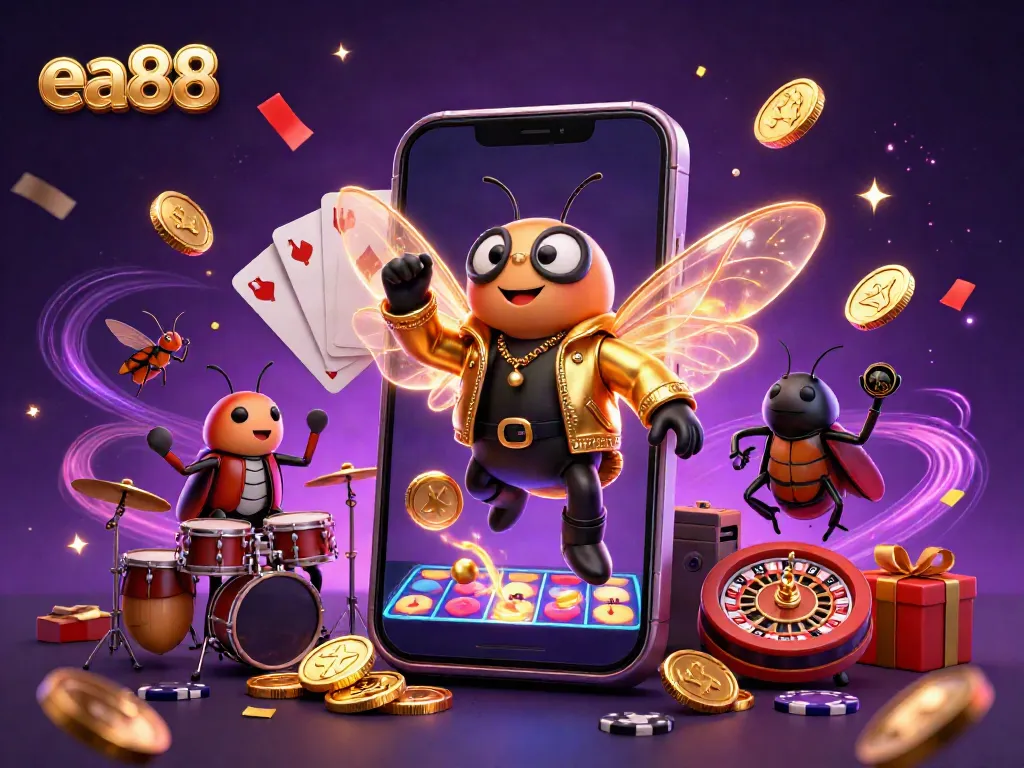 Experience exhilarating gameplay with ea88 in this vibrant 3D casino illustration featuring a rock star and dynamic game elements.