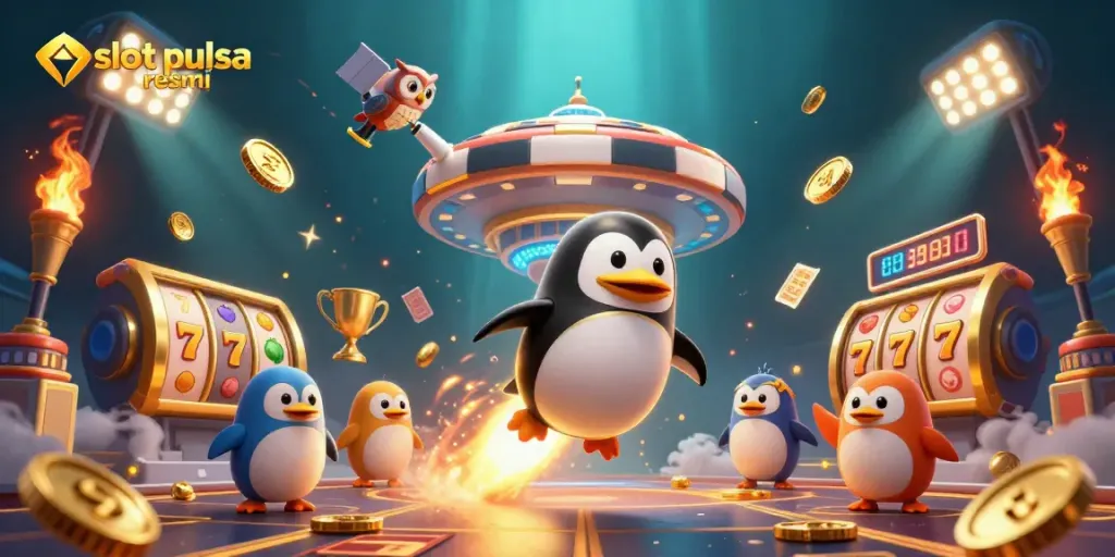 Experience the thrill of slot pulsa resmi with a golden penguin competing in a cosmic casino adventure.