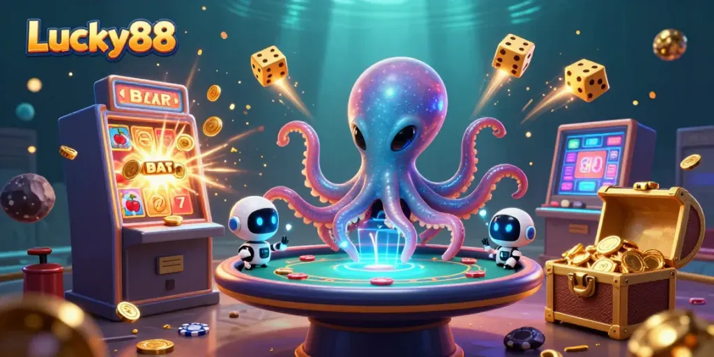 Engage with Lucky88 through an exciting 3D illustration showcasing an alien octopus at a poker table amidst rich casino elements.