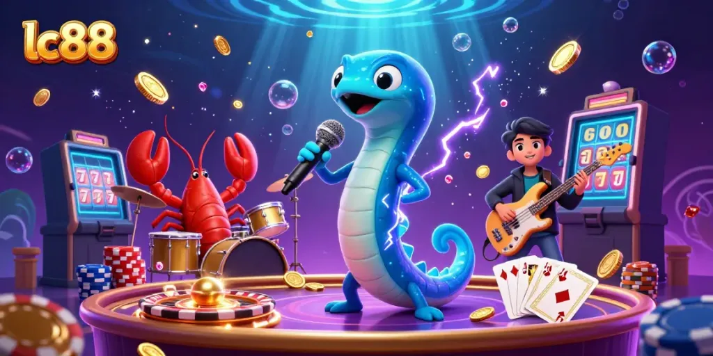 Experience the dynamic underwater casino scene with lc88, featuring an electric eel DJ, lobster drummer, and glowing treasures.