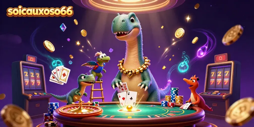 Engage in exciting casino action with soicauxoso66 featuring a giant brontosaurus, raptor dealer, and sparkling gems.