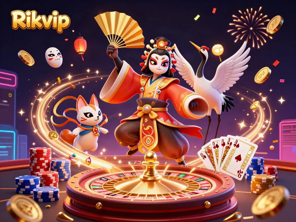 Experience the vibrant action of Rikvip with a kabuki warrior and kitsune mask amidst casino treasures.