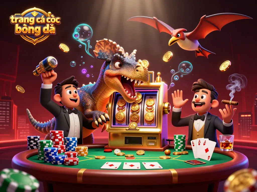 Betting strategies on trang cá cược bóng đá illustrated with dynamic 3D casino scene featuring dinosaurs and casino elements.