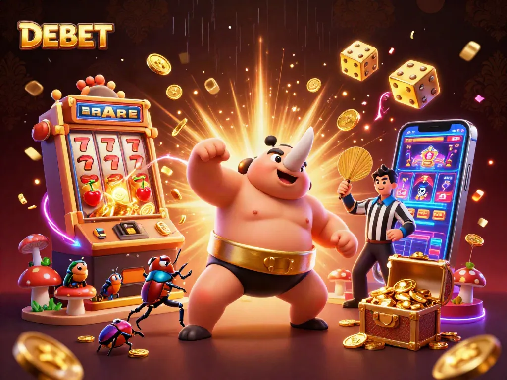 Experience the excitement at DEBET with wins raining from a vibrant casino scene featuring captivating characters and game elements.