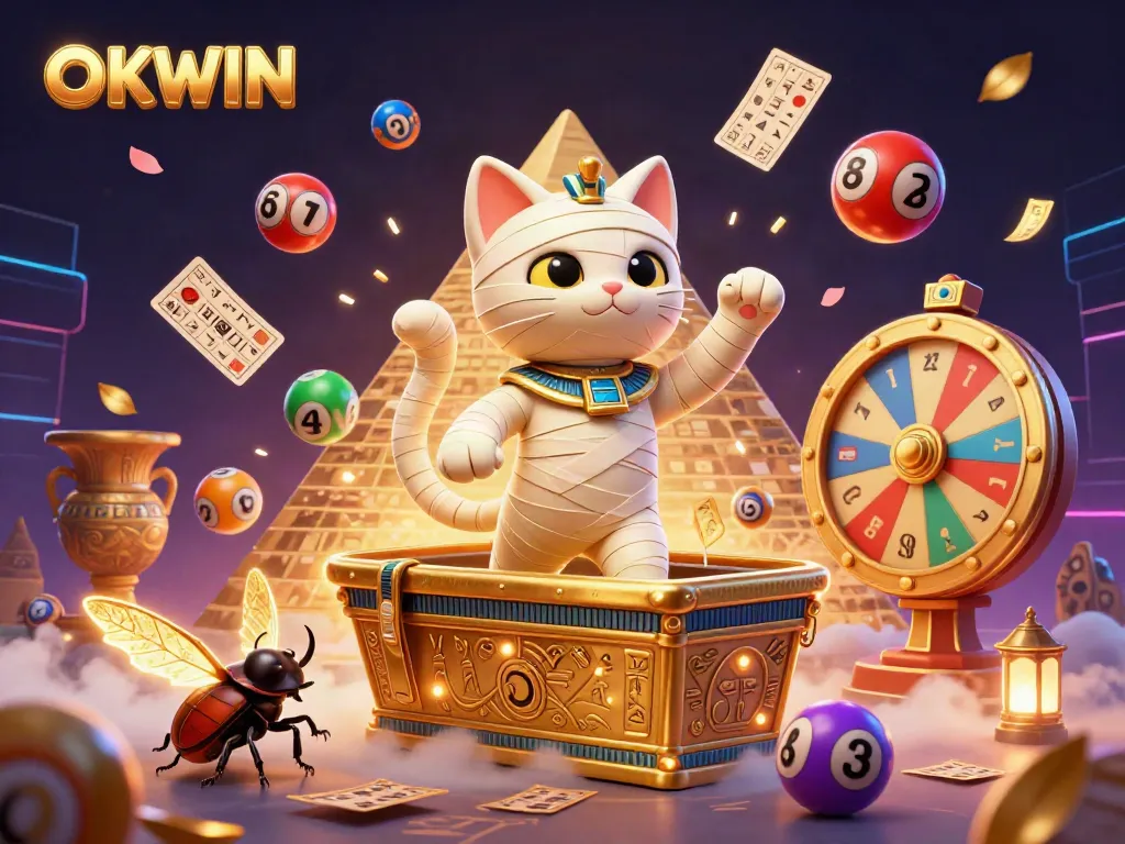 Engage with OKWIN in a vibrant casino scene, featuring a mummy cat and glowing scarab amidst dynamic gambling elements.