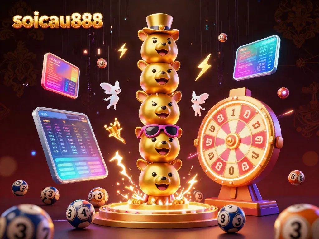 Engage with soicau888 as it showcases a vibrant dynamic scene featuring lottery elements and a golden totem pole.