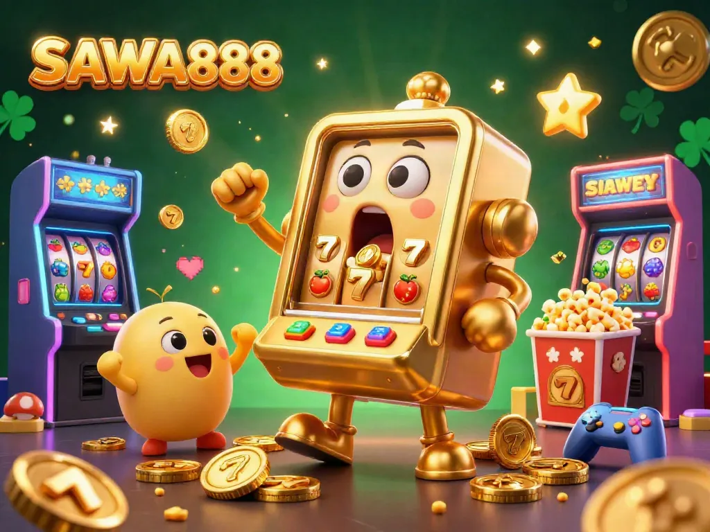 SAWA888 jackpot scene with vibrant slot machines, golden coins, and game elements
