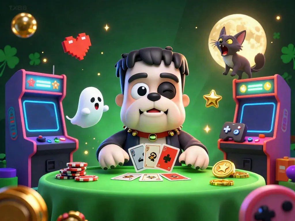 Engage in thrilling gameplay at tx88 with a 3D cartoon scene featuring a Frankenstein bulldog dealer and lively casino elements.