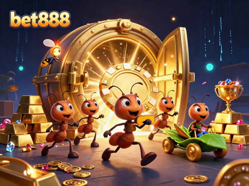 Engage in thrilling gameplay at bet888 with a fun heist scene featuring cartoon ants and golden treasures.