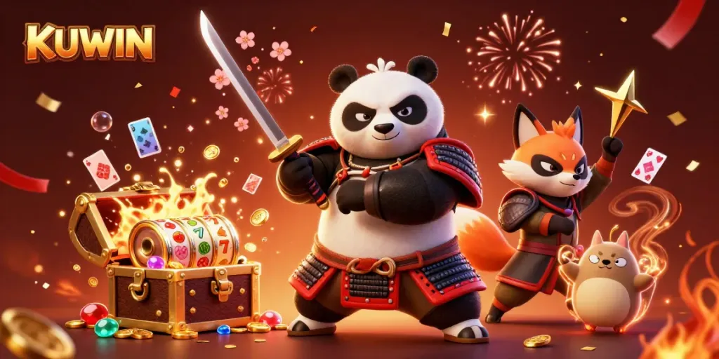 KUWIN showcases a dynamic 3D cartoon panda samurai and companions, celebrating wins at a vibrant casino.