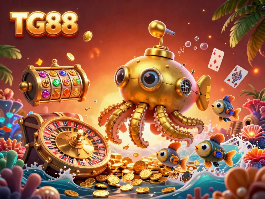 Experience thrilling gambling action with TG88 in this rich underwater scene, featuring a golden kraken amidst slot reels and casino elements.