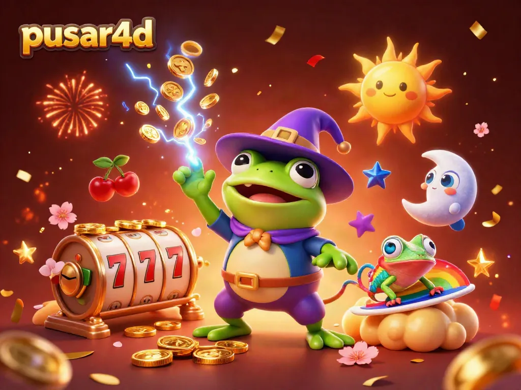 Pusar4d illustration featuring a weather wizard frog and rainbow chameleon celebrating wins in a vibrant, detailed 3D casino scene.