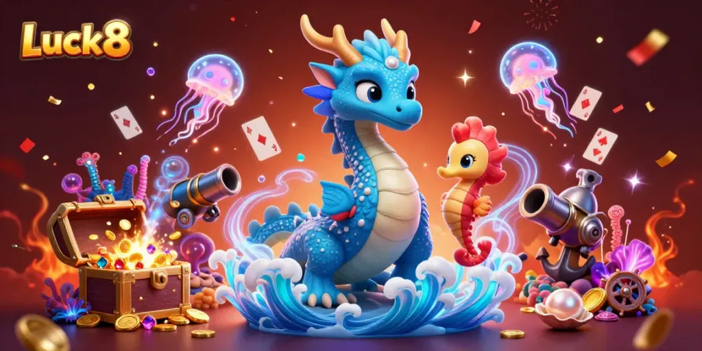 Luck8 offers exciting gaming adventures with an azure dragon, coral knight, and treasure in a rich casino setting.