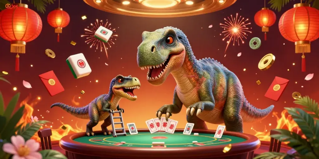 Experience thrilling QQ Slot gameplay with a cartoon brontosaurus and clever raptor dealing cards in a vibrant casino setting.